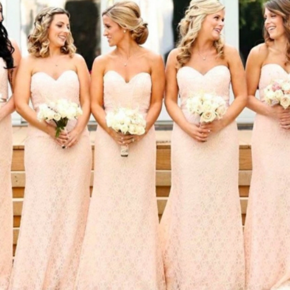 Mori Lee pink lace strapless bridesmaid gown